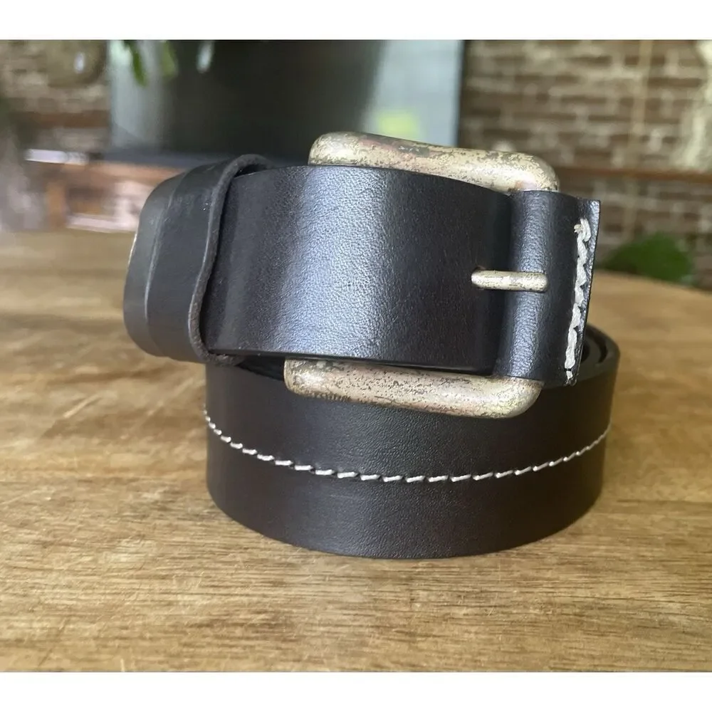 Men’s Genuine Leather Belt Brown Contrast Stitch Brass Buckle Size M/L Argentina